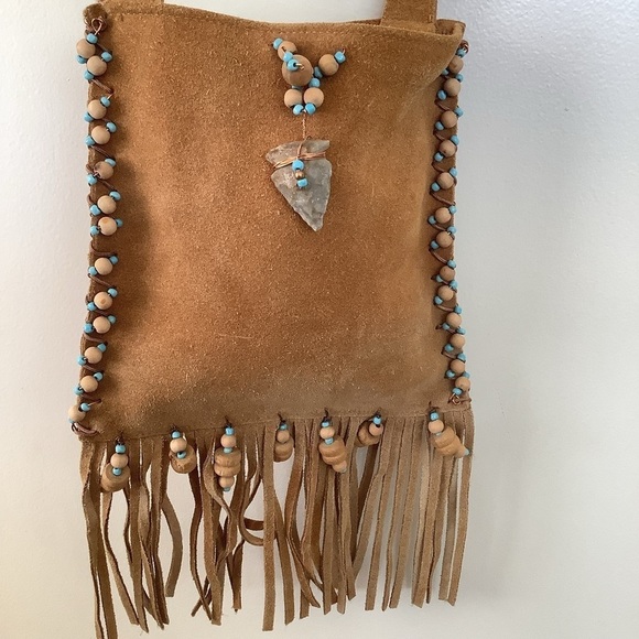 Vintage Brown Suede Leather Arrowhead Crossbody Purse - Picture 1 of 7